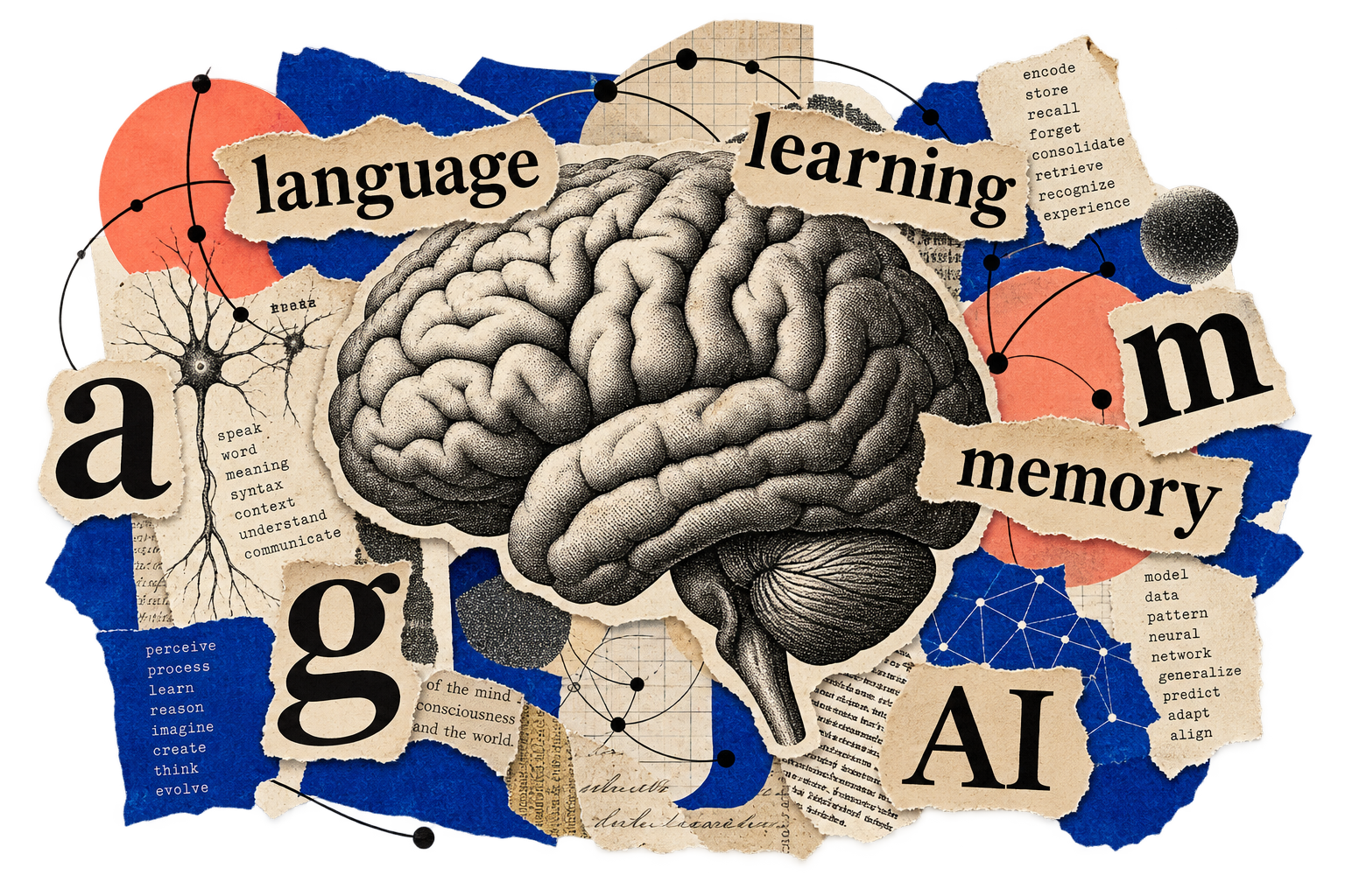 A paper collage of a brain, letters, and the words language, learning, memory and AI.